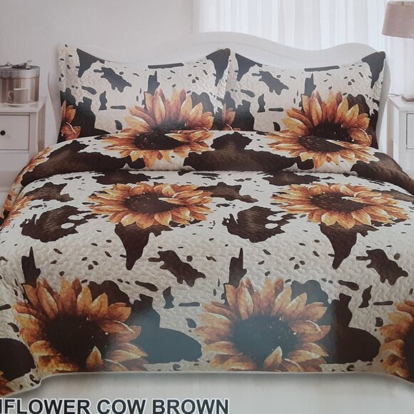 Brown Cow Print & Sunflowers Western Bedding Set Luxury Velvet Oversized 3Pc Set - Picture 3 of 4